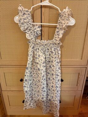 Reformation Linen White Mini Dress with Blue Floral Print and Ruffle Straps